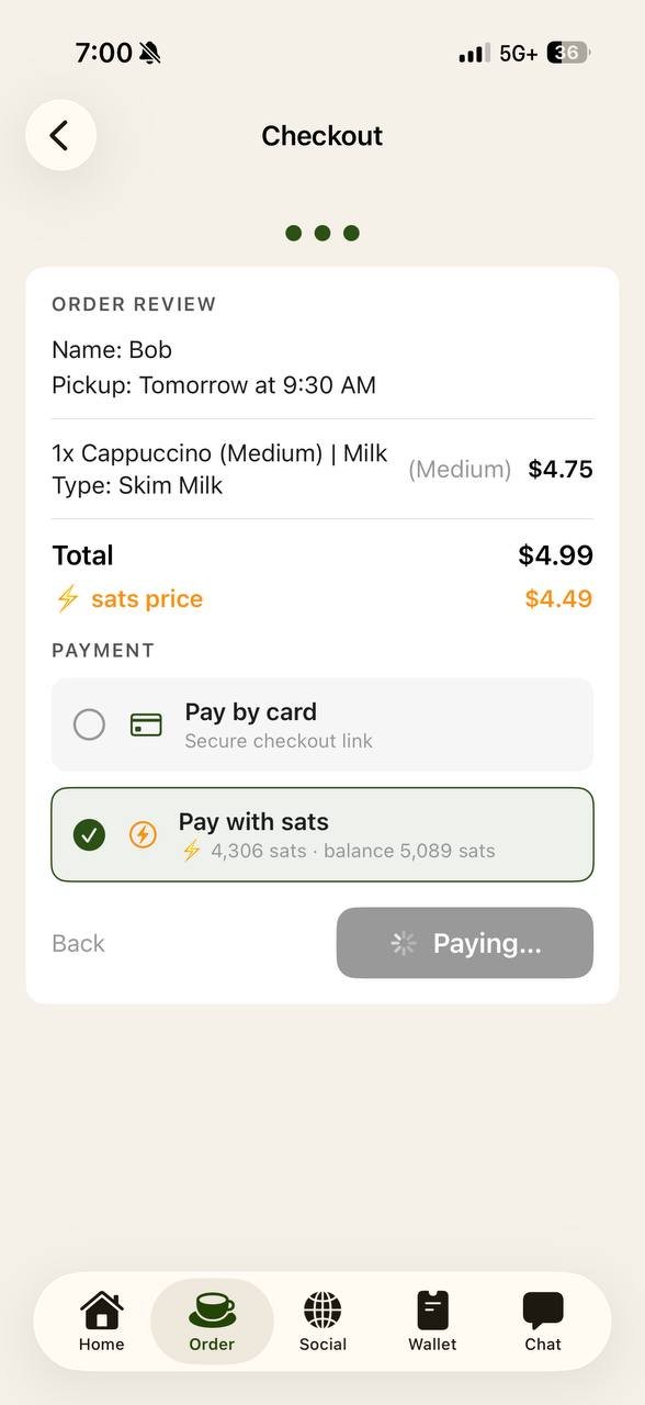 Checkout screen paying with sats