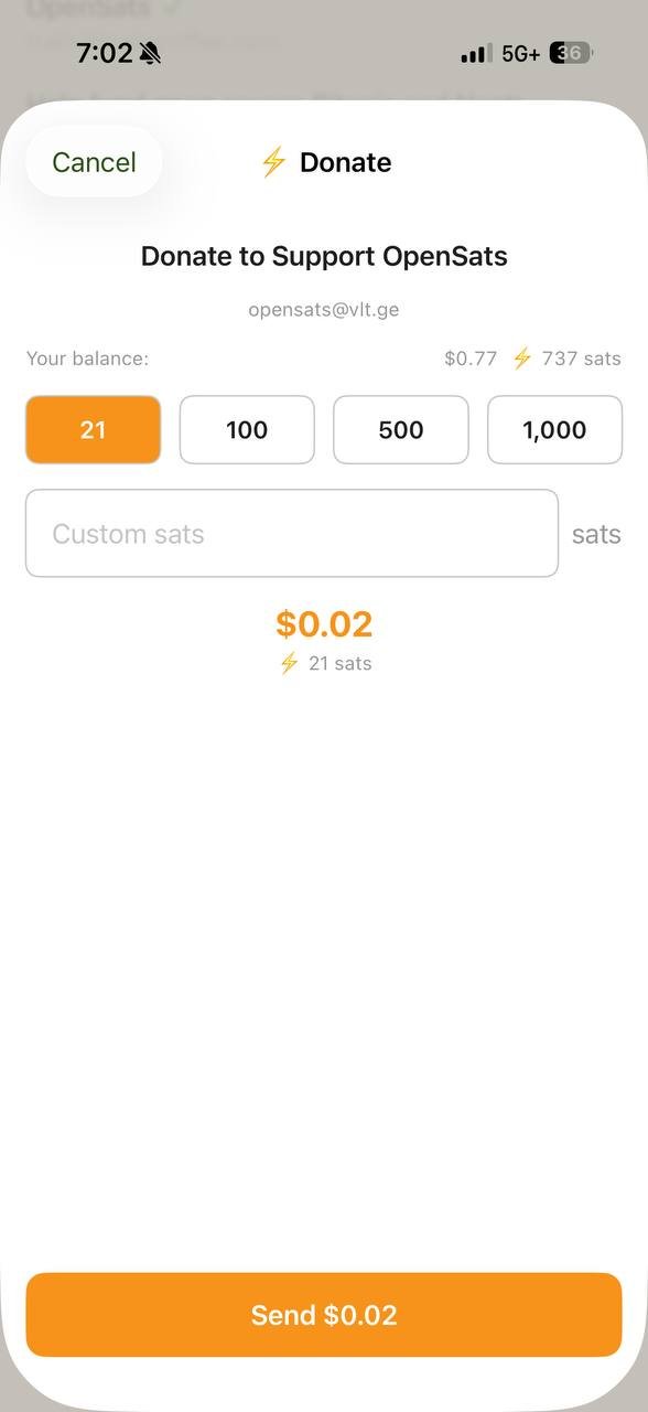 Donate modal with sats amount buttons